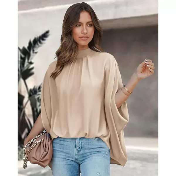 imageBTFBM Women Mock Neck Batwing Short Sleeve Summer Tops 2023 Spring Loose High Low Hem Casual Oversize Blouses Shirts TopSolid Beige