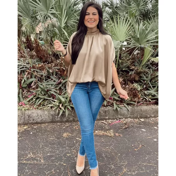imageBTFBM Women Mock Neck Batwing Short Sleeve Summer Tops 2023 Spring Loose High Low Hem Casual Oversize Blouses Shirts TopSolid Beige