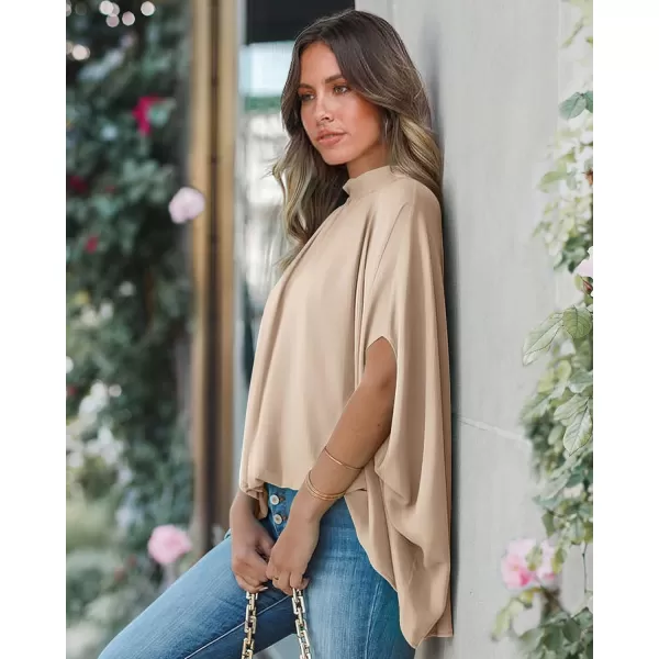 imageBTFBM Women Mock Neck Batwing Short Sleeve Summer Tops 2023 Spring Loose High Low Hem Casual Oversize Blouses Shirts TopSolid Beige