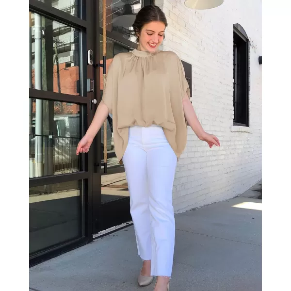 imageBTFBM Women Mock Neck Batwing Short Sleeve Summer Tops 2023 Spring Loose High Low Hem Casual Oversize Blouses Shirts TopSolid Beige