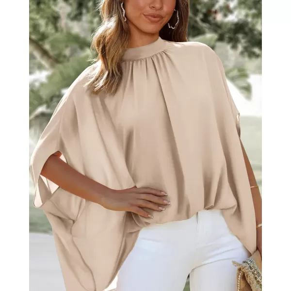 imageBTFBM Women Mock Neck Batwing Short Sleeve Summer Tops 2023 Spring Loose High Low Hem Casual Oversize Blouses Shirts TopSolid Beige