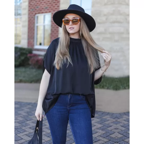 imageBTFBM Women Mock Neck Batwing Short Sleeve Summer Tops 2023 Spring Loose High Low Hem Casual Oversize Blouses Shirts TopSolid Black