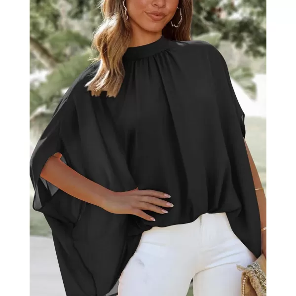 imageBTFBM Women Mock Neck Batwing Short Sleeve Summer Tops 2023 Spring Loose High Low Hem Casual Oversize Blouses Shirts TopSolid Black