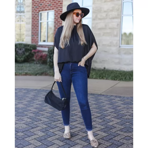 imageBTFBM Women Mock Neck Batwing Short Sleeve Summer Tops 2023 Spring Loose High Low Hem Casual Oversize Blouses Shirts TopSolid Black