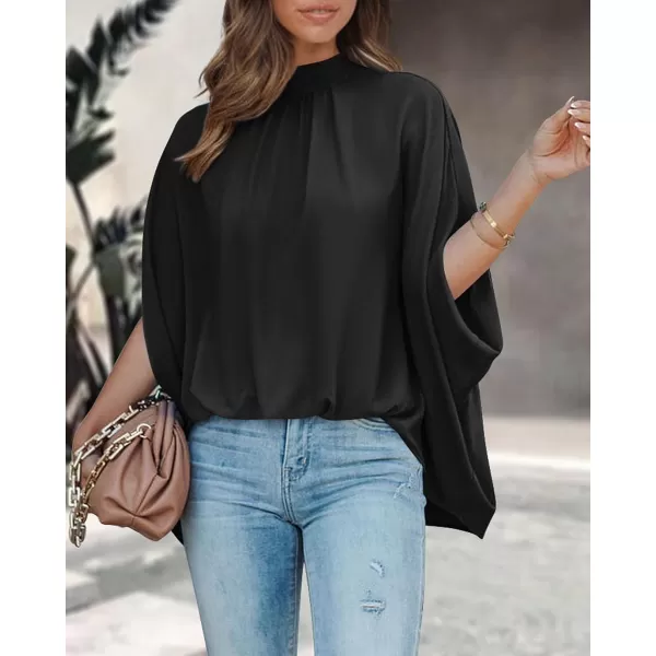 imageBTFBM Women Mock Neck Batwing Short Sleeve Summer Tops 2023 Spring Loose High Low Hem Casual Oversize Blouses Shirts TopSolid Black