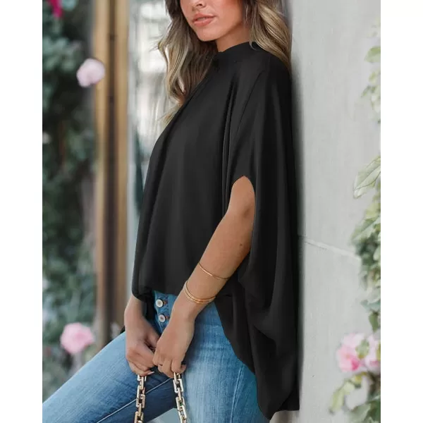 imageBTFBM Women Mock Neck Batwing Short Sleeve Summer Tops 2023 Spring Loose High Low Hem Casual Oversize Blouses Shirts TopSolid Black