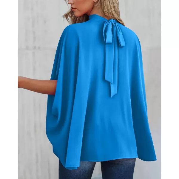 imageBTFBM Women Mock Neck Batwing Short Sleeve Summer Tops 2023 Spring Loose High Low Hem Casual Oversize Blouses Shirts TopSolid Blue