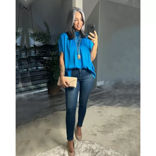 imageBTFBM Women Mock Neck Batwing Short Sleeve Summer Tops 2023 Spring Loose High Low Hem Casual Oversize Blouses Shirts TopSolid Blue