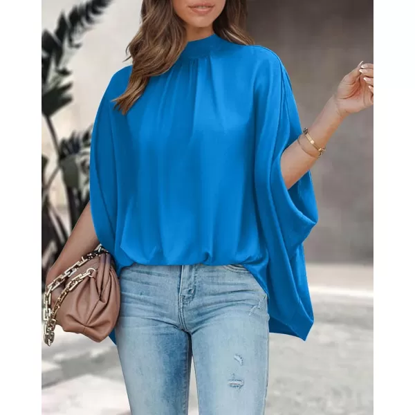 imageBTFBM Women Mock Neck Batwing Short Sleeve Summer Tops 2023 Spring Loose High Low Hem Casual Oversize Blouses Shirts TopSolid Blue