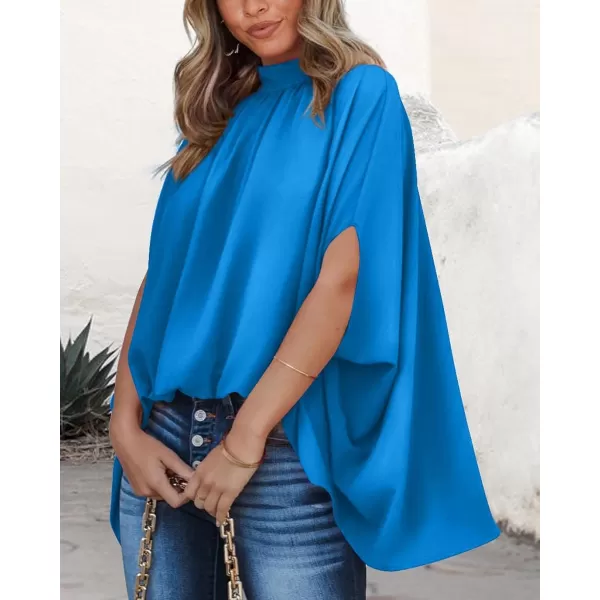 imageBTFBM Women Mock Neck Batwing Short Sleeve Summer Tops 2023 Spring Loose High Low Hem Casual Oversize Blouses Shirts TopSolid Blue