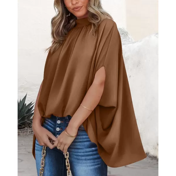 imageBTFBM Women Mock Neck Batwing Short Sleeve Summer Tops 2023 Spring Loose High Low Hem Casual Oversize Blouses Shirts TopSolid Brown