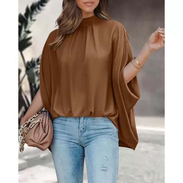 imageBTFBM Women Mock Neck Batwing Short Sleeve Summer Tops 2023 Spring Loose High Low Hem Casual Oversize Blouses Shirts TopSolid Brown
