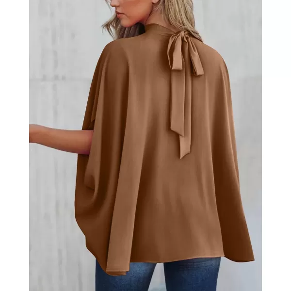 imageBTFBM Women Mock Neck Batwing Short Sleeve Summer Tops 2023 Spring Loose High Low Hem Casual Oversize Blouses Shirts TopSolid Brown