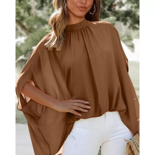 imageBTFBM Women Mock Neck Batwing Short Sleeve Summer Tops 2023 Spring Loose High Low Hem Casual Oversize Blouses Shirts TopSolid Brown