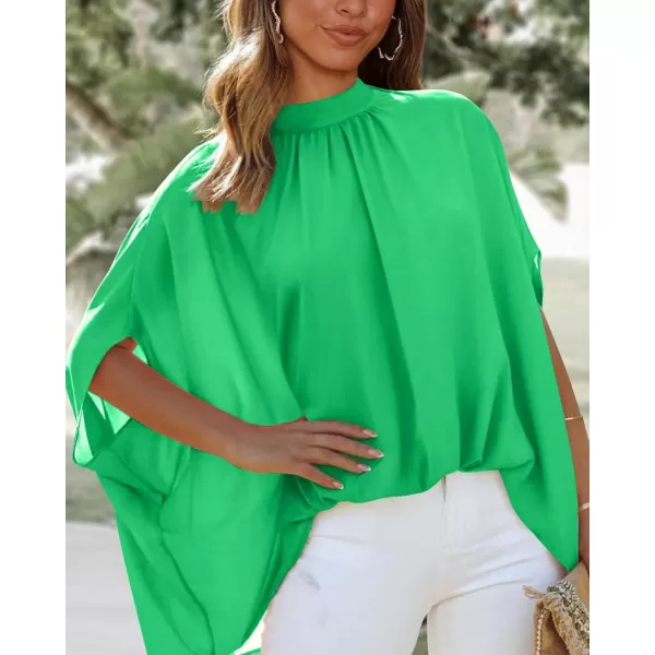 imageBTFBM Women Mock Neck Batwing Short Sleeve Summer Tops 2023 Spring Loose High Low Hem Casual Oversize Blouses Shirts TopSolid Grass Green