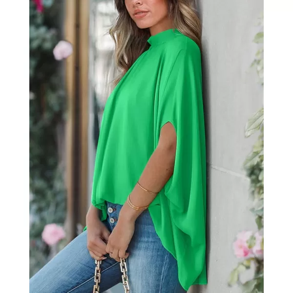 imageBTFBM Women Mock Neck Batwing Short Sleeve Summer Tops 2023 Spring Loose High Low Hem Casual Oversize Blouses Shirts TopSolid Grass Green