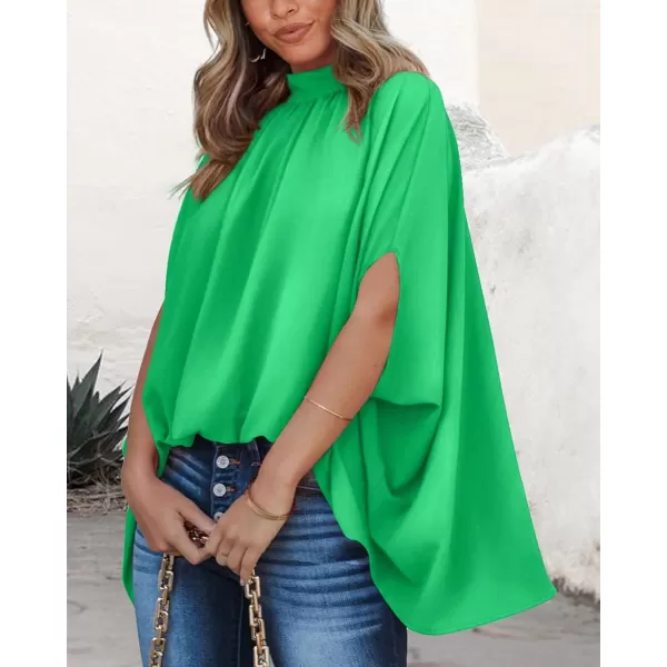 imageBTFBM Women Mock Neck Batwing Short Sleeve Summer Tops 2023 Spring Loose High Low Hem Casual Oversize Blouses Shirts TopSolid Grass Green