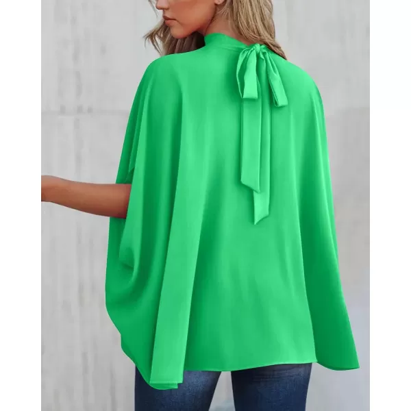 imageBTFBM Women Mock Neck Batwing Short Sleeve Summer Tops 2023 Spring Loose High Low Hem Casual Oversize Blouses Shirts TopSolid Grass Green