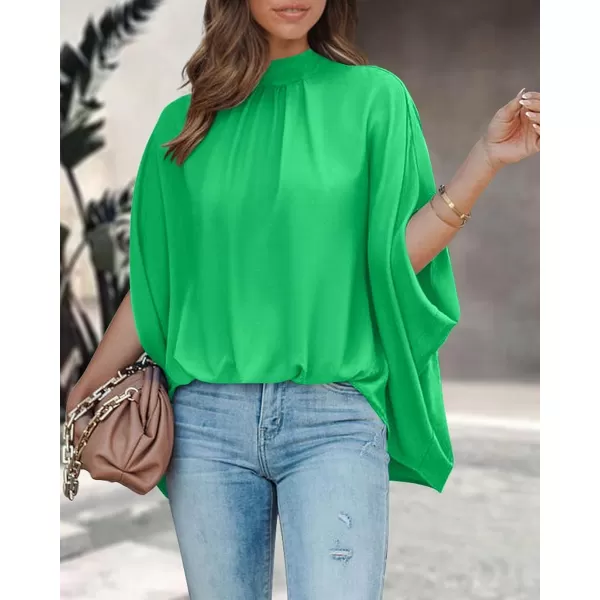 imageBTFBM Women Mock Neck Batwing Short Sleeve Summer Tops 2023 Spring Loose High Low Hem Casual Oversize Blouses Shirts TopSolid Grass Green