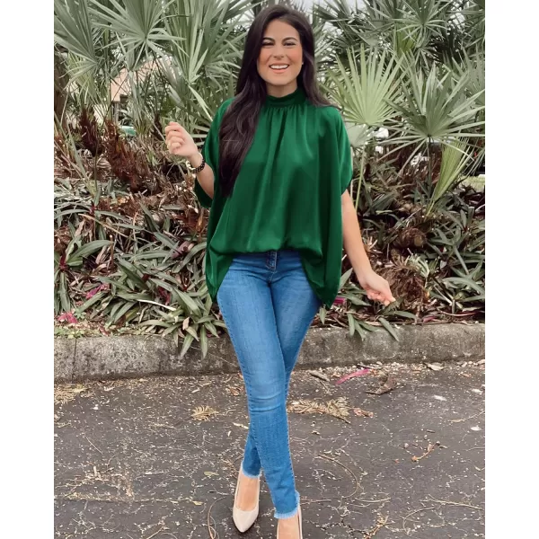 imageBTFBM Women Mock Neck Batwing Short Sleeve Summer Tops 2023 Spring Loose High Low Hem Casual Oversize Blouses Shirts TopSolid Green