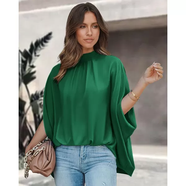 imageBTFBM Women Mock Neck Batwing Short Sleeve Summer Tops 2023 Spring Loose High Low Hem Casual Oversize Blouses Shirts TopSolid Green