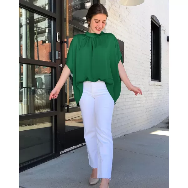 imageBTFBM Women Mock Neck Batwing Short Sleeve Summer Tops 2023 Spring Loose High Low Hem Casual Oversize Blouses Shirts TopSolid Green