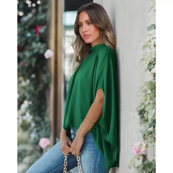 imageBTFBM Women Mock Neck Batwing Short Sleeve Summer Tops 2023 Spring Loose High Low Hem Casual Oversize Blouses Shirts TopSolid Green