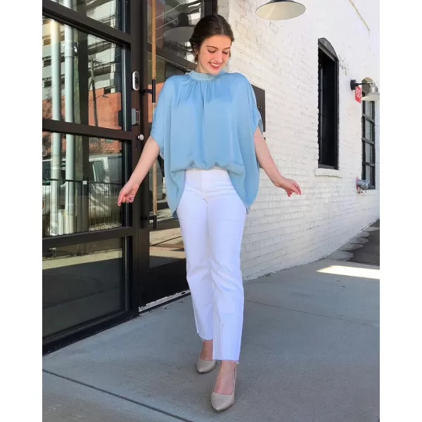 imageBTFBM Women Mock Neck Batwing Short Sleeve Summer Tops 2023 Spring Loose High Low Hem Casual Oversize Blouses Shirts TopSolid Light Blue