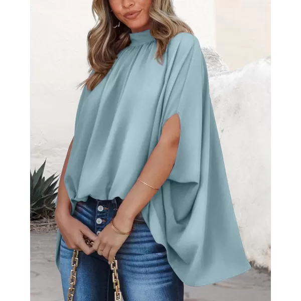 imageBTFBM Women Mock Neck Batwing Short Sleeve Summer Tops 2023 Spring Loose High Low Hem Casual Oversize Blouses Shirts TopSolid Light Blue