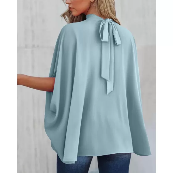imageBTFBM Women Mock Neck Batwing Short Sleeve Summer Tops 2023 Spring Loose High Low Hem Casual Oversize Blouses Shirts TopSolid Light Blue