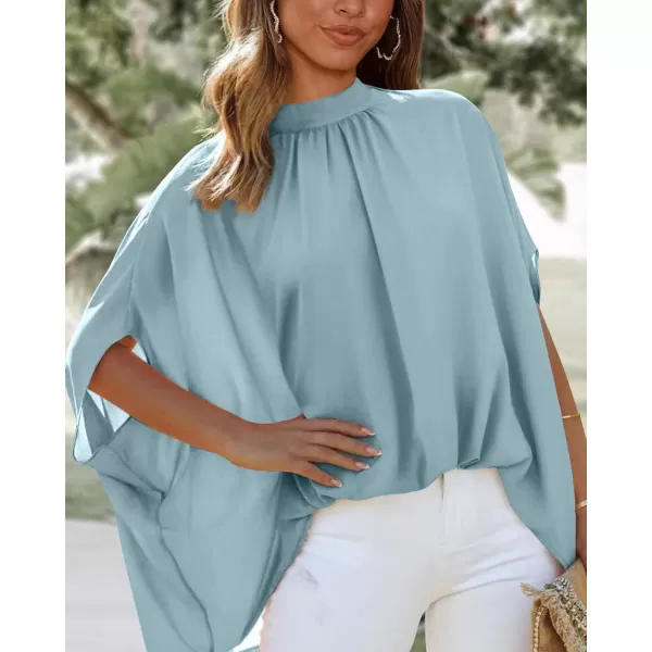 imageBTFBM Women Mock Neck Batwing Short Sleeve Summer Tops 2023 Spring Loose High Low Hem Casual Oversize Blouses Shirts TopSolid Light Blue