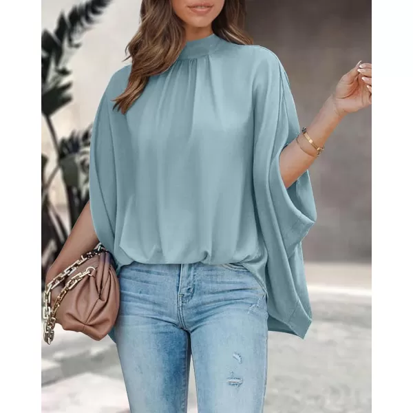 imageBTFBM Women Mock Neck Batwing Short Sleeve Summer Tops 2023 Spring Loose High Low Hem Casual Oversize Blouses Shirts TopSolid Light Blue
