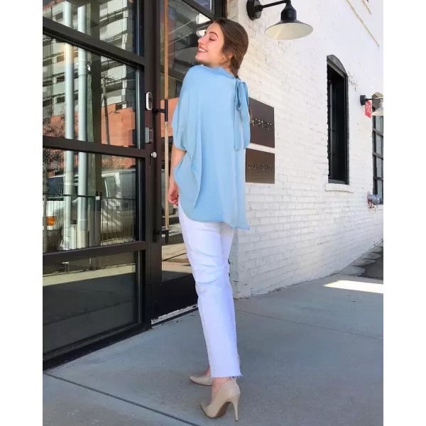 imageBTFBM Women Mock Neck Batwing Short Sleeve Summer Tops 2023 Spring Loose High Low Hem Casual Oversize Blouses Shirts TopSolid Light Blue