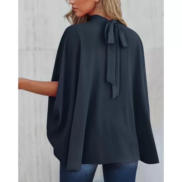 imageBTFBM Women Mock Neck Batwing Short Sleeve Summer Tops 2023 Spring Loose High Low Hem Casual Oversize Blouses Shirts TopSolid Navy