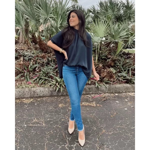 imageBTFBM Women Mock Neck Batwing Short Sleeve Summer Tops 2023 Spring Loose High Low Hem Casual Oversize Blouses Shirts TopSolid Navy