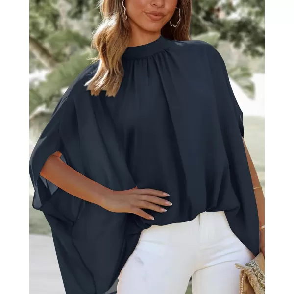imageBTFBM Women Mock Neck Batwing Short Sleeve Summer Tops 2023 Spring Loose High Low Hem Casual Oversize Blouses Shirts TopSolid Navy