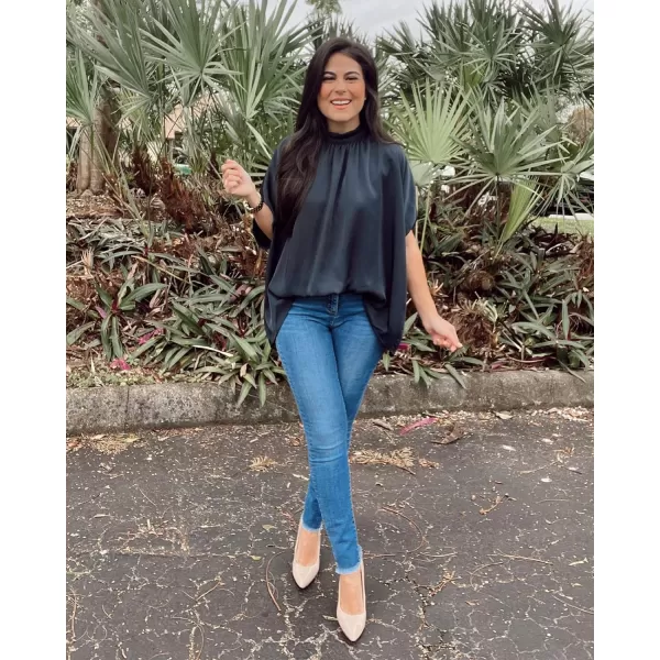 imageBTFBM Women Mock Neck Batwing Short Sleeve Summer Tops 2023 Spring Loose High Low Hem Casual Oversize Blouses Shirts TopSolid Navy
