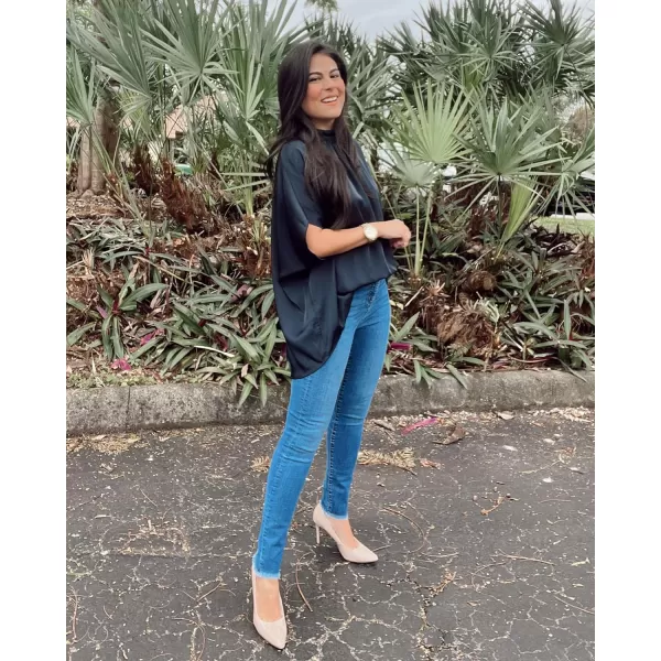 imageBTFBM Women Mock Neck Batwing Short Sleeve Summer Tops 2023 Spring Loose High Low Hem Casual Oversize Blouses Shirts TopSolid Navy