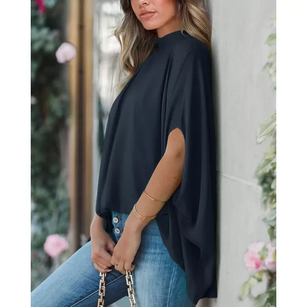 imageBTFBM Women Mock Neck Batwing Short Sleeve Summer Tops 2023 Spring Loose High Low Hem Casual Oversize Blouses Shirts TopSolid Navy