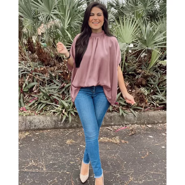 imageBTFBM Women Mock Neck Batwing Short Sleeve Summer Tops 2023 Spring Loose High Low Hem Casual Oversize Blouses Shirts TopSolid Pink