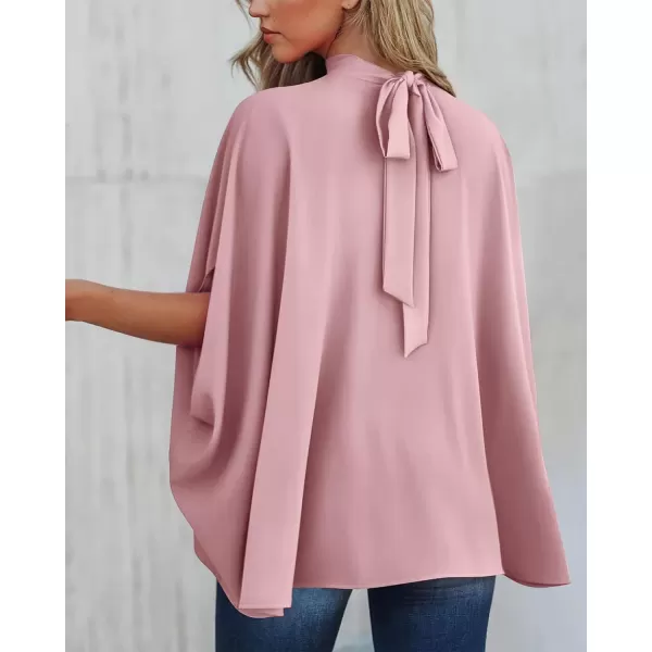 imageBTFBM Women Mock Neck Batwing Short Sleeve Summer Tops 2023 Spring Loose High Low Hem Casual Oversize Blouses Shirts TopSolid Pink
