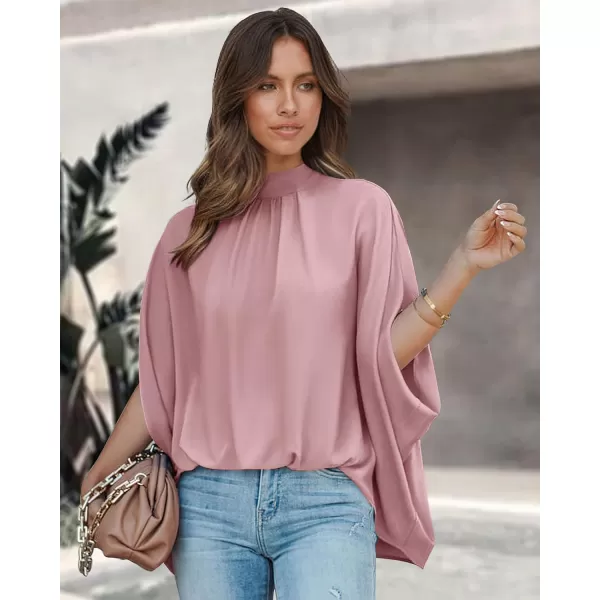 imageBTFBM Women Mock Neck Batwing Short Sleeve Summer Tops 2023 Spring Loose High Low Hem Casual Oversize Blouses Shirts TopSolid Pink