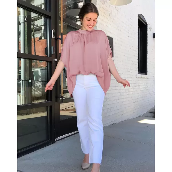 imageBTFBM Women Mock Neck Batwing Short Sleeve Summer Tops 2023 Spring Loose High Low Hem Casual Oversize Blouses Shirts TopSolid Pink