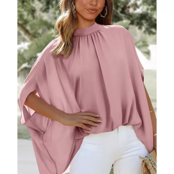 imageBTFBM Women Mock Neck Batwing Short Sleeve Summer Tops 2023 Spring Loose High Low Hem Casual Oversize Blouses Shirts TopSolid Pink
