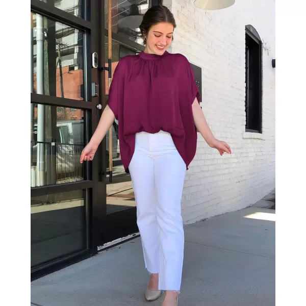imageBTFBM Women Mock Neck Batwing Short Sleeve Summer Tops 2023 Spring Loose High Low Hem Casual Oversize Blouses Shirts TopSolid Purple Red