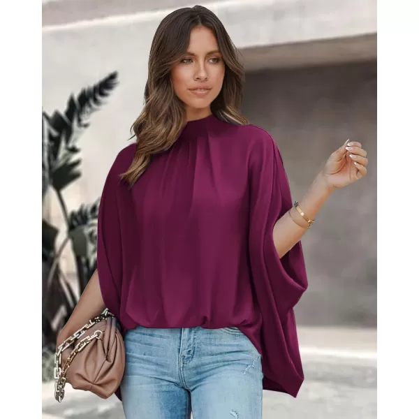 imageBTFBM Women Mock Neck Batwing Short Sleeve Summer Tops 2023 Spring Loose High Low Hem Casual Oversize Blouses Shirts TopSolid Purple Red