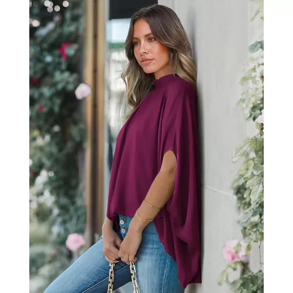 imageBTFBM Women Mock Neck Batwing Short Sleeve Summer Tops 2023 Spring Loose High Low Hem Casual Oversize Blouses Shirts TopSolid Purple Red