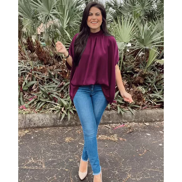 imageBTFBM Women Mock Neck Batwing Short Sleeve Summer Tops 2023 Spring Loose High Low Hem Casual Oversize Blouses Shirts TopSolid Purple Red