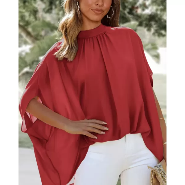 imageBTFBM Women Mock Neck Batwing Short Sleeve Summer Tops 2023 Spring Loose High Low Hem Casual Oversize Blouses Shirts TopSolid Red