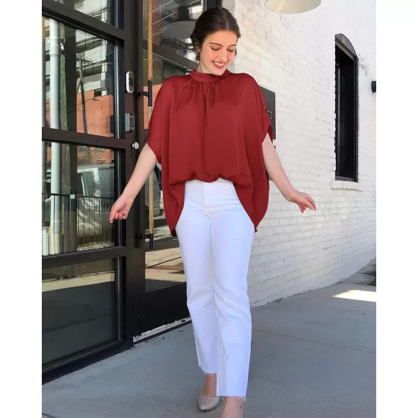 imageBTFBM Women Mock Neck Batwing Short Sleeve Summer Tops 2023 Spring Loose High Low Hem Casual Oversize Blouses Shirts TopSolid Red